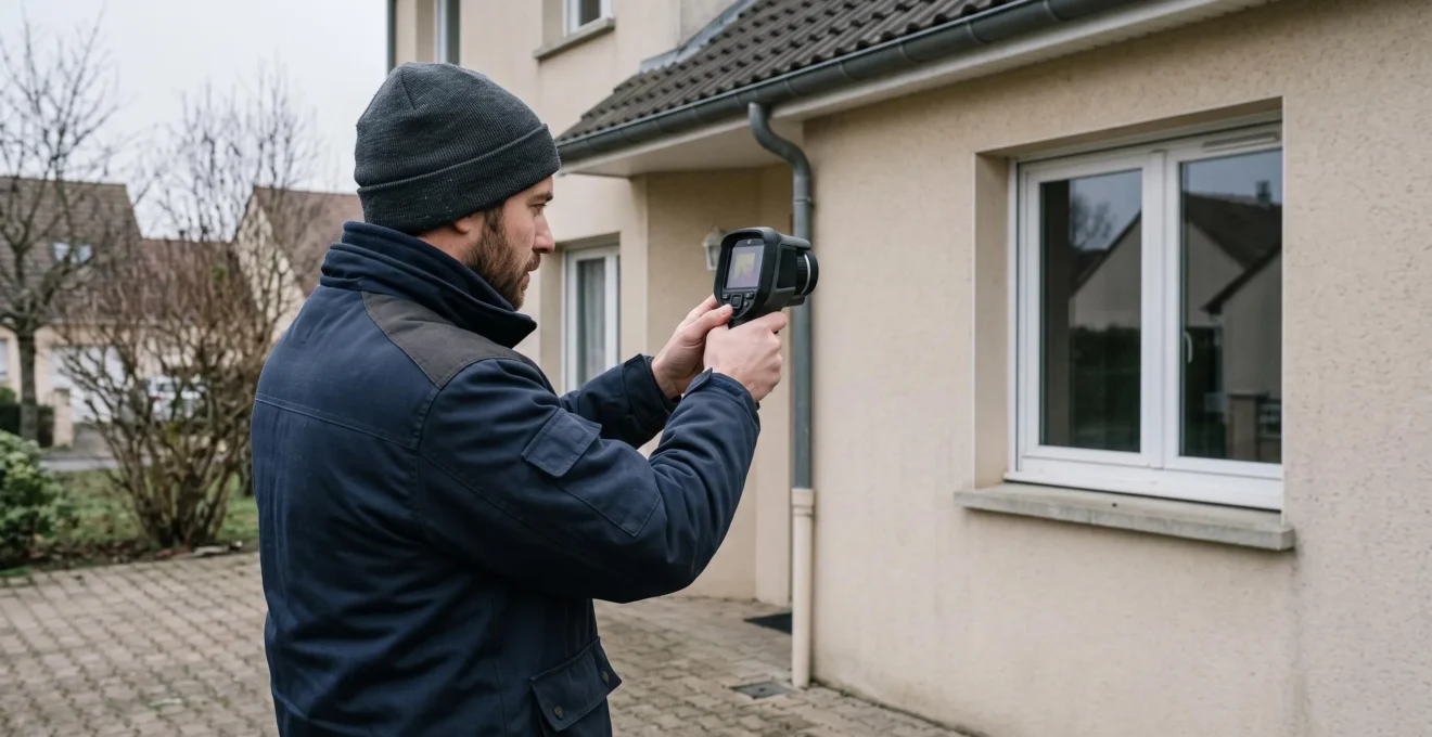 Un technicien analyse l'isolation de la façade d'une maison à l'aide d'une caméra thermique en hiver.