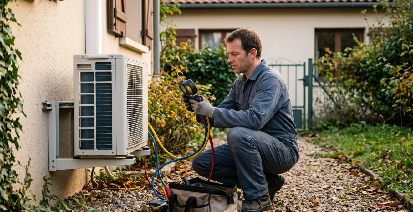 Un technicien vérifie le circuit frigorifique d'une unité extérieure de climatiseur réversible le long d'une façade.