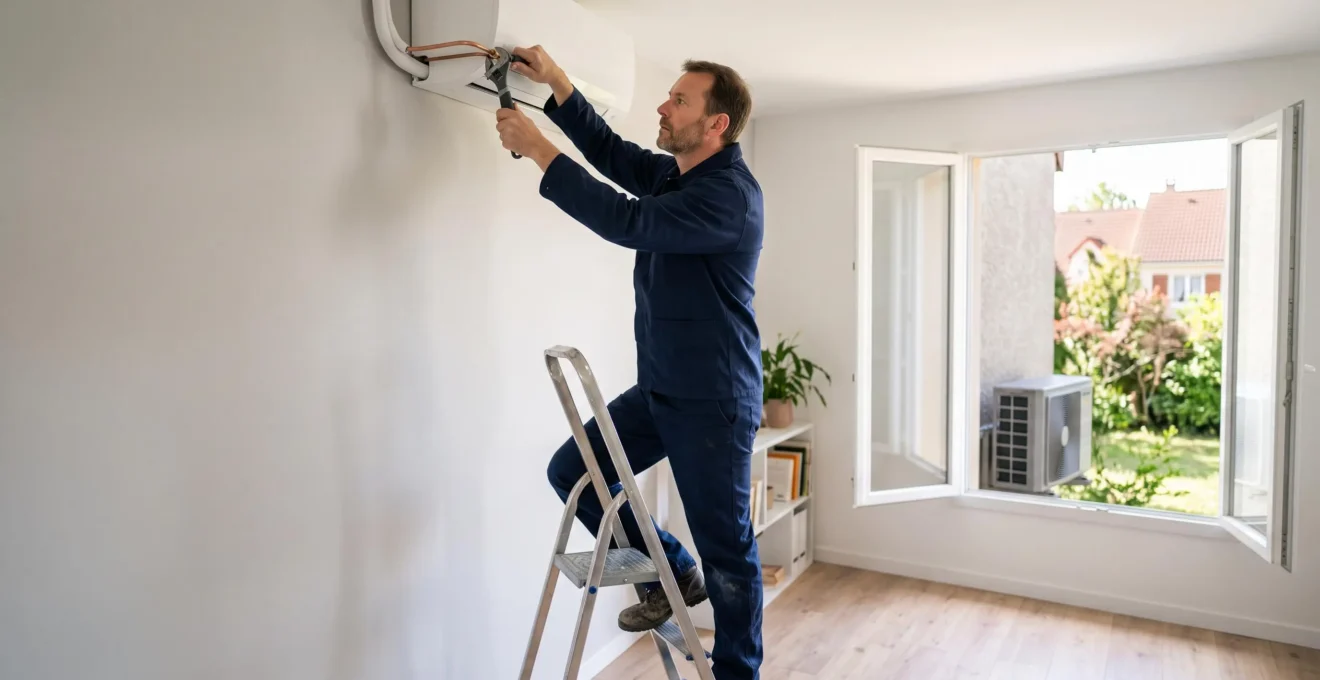 Un technicien installe une unité intérieure de climatiseur réversible dans le salon d'une maison française, l'unité extérieure visible par la fenêtre.