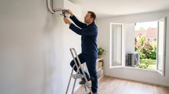 Un technicien installe une unité intérieure de climatiseur réversible dans le salon d'une maison française, l'unité extérieure visible par la fenêtre.