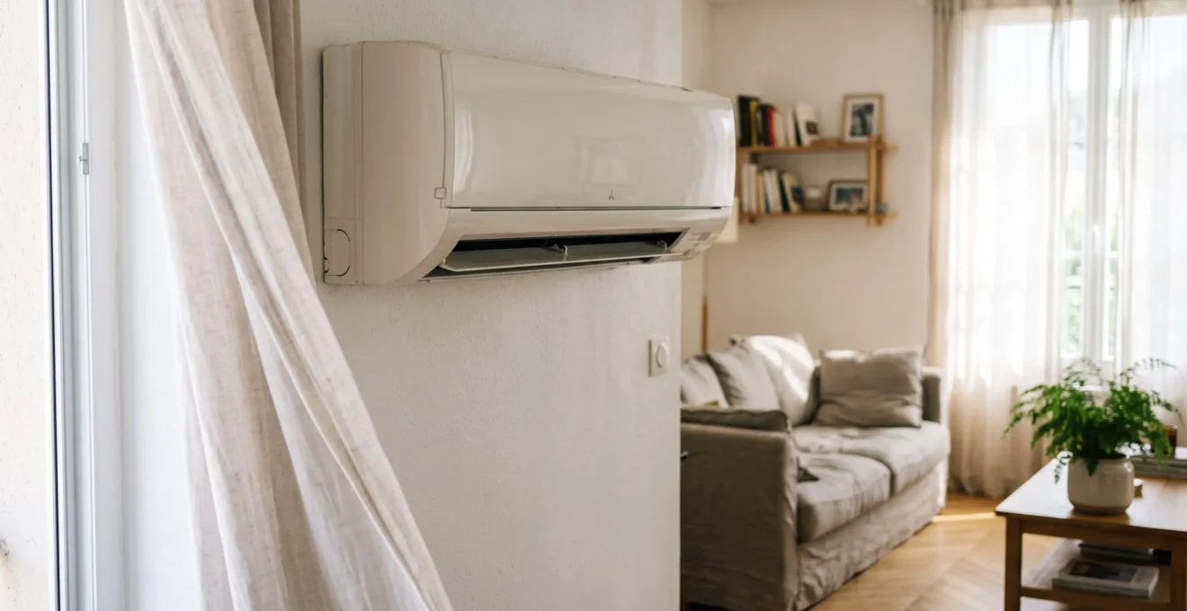 Une unité intérieure de climatiseur réversible fixée au mur d'un salon français lumineux en été.